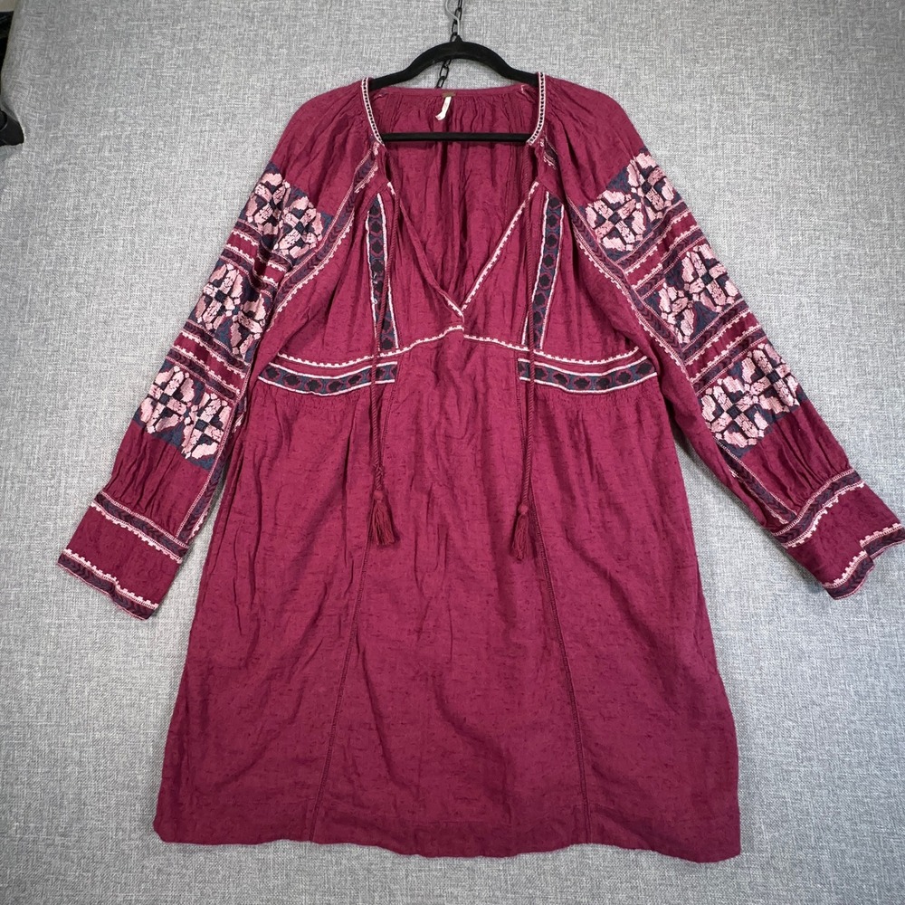 Free People All My Life Minidress Womens M Wine Embroidered Tassel Cottagecore